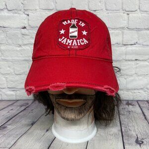 Distressed Dad Hat Cap Red Stripes Maid in Jamaica Since 1928 Patch Jamaican